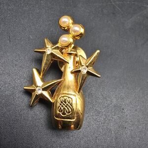 Avon Champagne Bottle Pin Gold Tone Faux Pearl Rhinestones Vintage